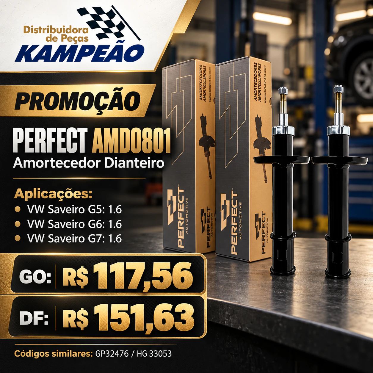 Promoção Kampeão: amortecedor dianteiro Perfect AMD0801 por R$ 117,56 em GO e R$ 151,63 no DF.